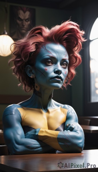 1girl,solo,short hair,brown eyes,jewelry,upper body,red hair,earrings,parted lips,solo focus,choker,indoors,blurry,lips,muscular,blurry background,colored skin,black choker,crossed arms,messy hair,desk,realistic,nose,blue skin,muscular female,green skin,cyborg,alien,afro,gloves,1boy,male focus,bodysuit,tattoo,facial mark,table,curly hair,lamp,facepaint,animification,superhero,mohawk,yellow bodysuit