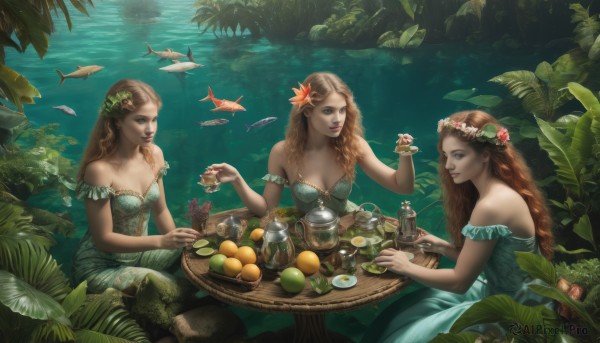 long hair,breasts,smile,blue eyes,multiple girls,brown hair,hair ornament,dress,holding,cleavage,bare shoulders,medium breasts,sitting,braid,flower,small breasts,outdoors,food,hair flower,3girls,water,off shoulder,looking at another,twin braids,cup,lips,strapless,fruit,blue dress,bird,siblings,animal,leaf,wavy hair,table,bottle,plant,sisters,nature,strapless dress,fish,green dress,realistic,fantasy,off-shoulder dress,basket,teapot,head wreath,mushroom,jar,lily pad,closed mouth,green eyes,collarbone,sleeveless,day,sunlight,red flower,plate,forest,teacup,curly hair,crown braid,pouring,lake,aqua dress