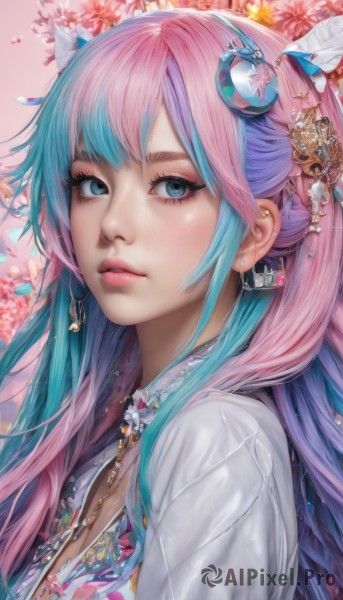 1girl,solo,long hair,breasts,looking at viewer,bangs,blue eyes,shirt,hair ornament,cleavage,jewelry,closed mouth,blue hair,white shirt,upper body,pink hair,flower,multicolored hair,earrings,artist name,necklace,from side,two-tone hair,lips,looking to the side,eyelashes,aqua hair,gradient hair,makeup,chain,piercing,feathers,lipstick,crescent,ear piercing,eyeshadow,freckles,pink lips,realistic,nose,crescent hair ornament,mascara,purple hair,sidelocks,parted lips,floral print,pink background,portrait