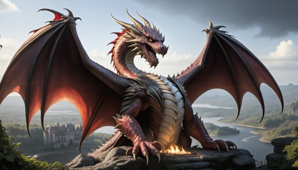 HQ,solo,open mouth,sitting,tail,yellow eyes,outdoors,wings,horns,sky,teeth,day,cloud,water,no humans,fangs,cloudy sky,fire,sharp teeth,scenery,claws,spikes,dragon horns,mountain,city,fantasy,dragon,scales,river,castle,dragon wings,glowing,glowing eyes,monster,rock,landscape,kaijuu