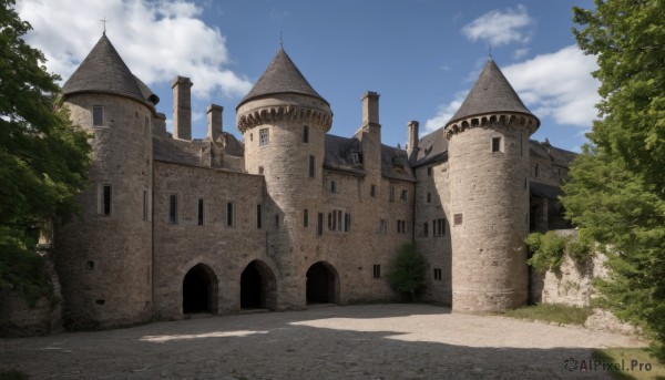 outdoors,sky,day,cloud,tree,blue sky,no humans,window,shadow,cloudy sky,grass,building,nature,scenery,road,bush,wall,castle,path,fantasy,architecture,church,arch