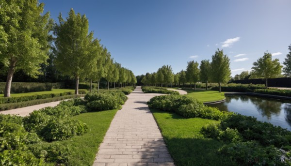 outdoors,sky,day,cloud,water,tree,blue sky,no humans,grass,plant,nature,scenery,forest,reflection,road,bush,bridge,river,path,signature,building,lake