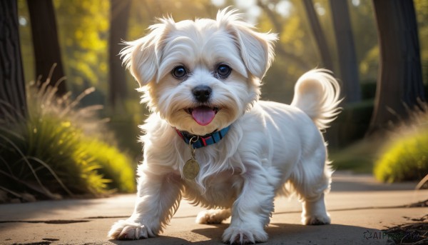 HQ,solo,open mouth,blue eyes,full body,outdoors,day,tongue,signature,tongue out,blurry,collar,tree,no humans,depth of field,blurry background,animal,sunlight,nature,forest,dog,realistic,leash,animal focus,animal collar,looking at viewer,standing,fangs,plant,claws,bush,pet