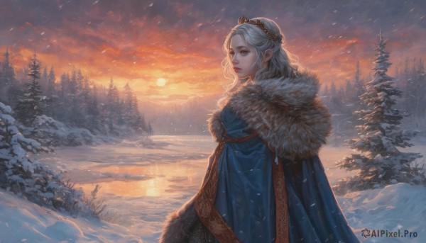 1girl,solo,long hair,looking at viewer,red eyes,dress,jewelry,standing,braid,white hair,outdoors,sky,looking back,cloud,water,from behind,cape,tree,lips,fur trim,dutch angle,blue dress,sunlight,cloudy sky,tiara,crown,nature,scenery,cloak,snow,forest,sunset,snowing,mountain,sun,red lips,winter,blue cape,lake,pine tree,hair ornament,brown eyes,closed mouth,upper body,grey hair,earrings,pointy ears,hood,medium hair,coat,hood down,elf,wind,fantasy,winter clothes,looking afar,fur-trimmed coat,bare tree,blue coat,orange sky,blue cloak