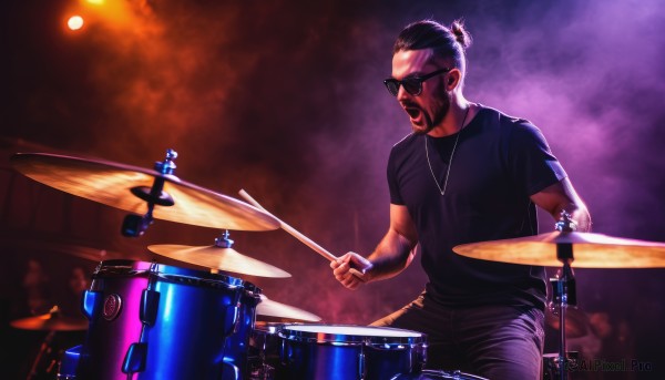 solo,shirt,black hair,1boy,holding,jewelry,short sleeves,male focus,pants,necklace,black shirt,facial hair,sunglasses,t-shirt,instrument,beard,short ponytail,mustache,music,playing instrument,drum,drumsticks,drum set,open mouth,sitting,realistic,manly,earphones,dog tags