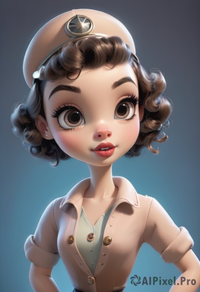 1girl,solo,looking at viewer,smile,short hair,simple background,brown hair,shirt,hat,brown eyes,collarbone,upper body,short sleeves,parted lips,teeth,belt,lips,gradient,gradient background,eyelashes,buttons,beret,blue background,child,freckles,curly hair,hands on hips,unbuttoned,red lips,female child,blush,collared shirt,makeup,thick eyebrows,lipstick,brown jacket,brown headwear,brown shirt