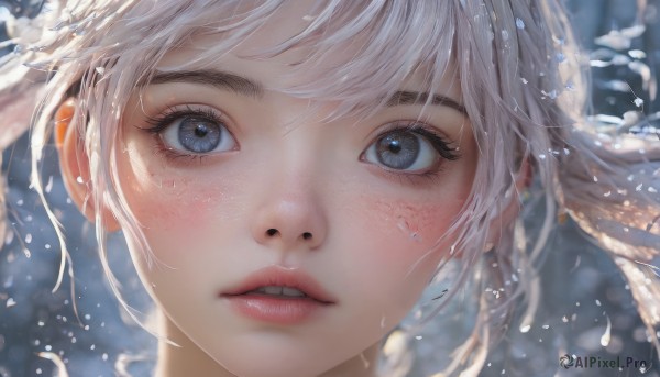 1girl,solo,long hair,looking at viewer,blush,open mouth,bangs,blue eyes,twintails,white hair,parted lips,teeth,water,blurry,lips,grey eyes,eyelashes,portrait,close-up,freckles,bubble,underwater,realistic,nose,air bubble,jewelry,earrings,floating hair,depth of field,blurry background,wind,snow,snowing