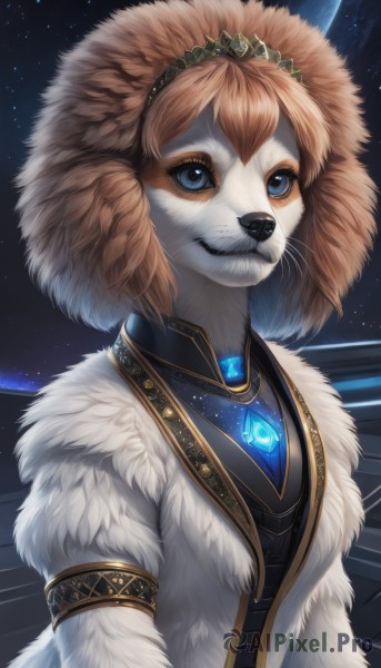 1girl,solo,breasts,smile,short hair,blue eyes,brown hair,animal ears,jewelry,upper body,sky,artist name,signature,necklace,coat,fur trim,fangs,tiara,gem,star (sky),furry,armlet,starry sky,fur collar,crystal,furry female,white coat,space,body fur,white fur,fur,animal nose,whiskers,snout,blue gemstone,black fur,bangs,closed mouth,eyelashes,night,moon,night sky