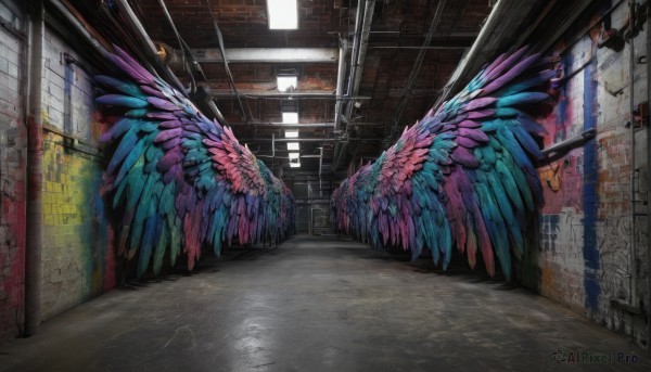 outdoors,wings,indoors,no humans,scenery,feathered wings,wall,graffiti,day,window,feathers,multicolored clothes,door,tiles,tile floor,brick wall,tile wall,colorful,ceiling,hallway,multicolored wings,spread wings,industrial pipe,rainbow order,alley,rainbow gradient,stone floor,cracked wall