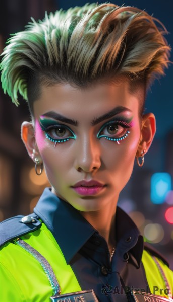 1girl,solo,looking at viewer,short hair,blonde hair,shirt,brown eyes,jewelry,closed mouth,jacket,upper body,earrings,collared shirt,artist name,dark skin,blurry,dark-skinned female,lips,black shirt,eyelashes,makeup,blurry background,watermark,lipstick,portrait,web address,eyeshadow,zipper,hoop earrings,realistic,nose,eyeliner,very short hair,undercut,green hair,uniform,vest,piercing,ear piercing,name tag,mascara