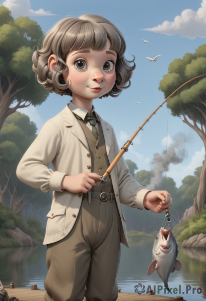 1girl,solo,looking at viewer,smile,short hair,brown hair,shirt,long sleeves,1boy,holding,brown eyes,standing,jacket,outdoors,parted lips,necktie,sky,day,belt,pants,cloud,water,vest,tree,blue sky,bird,animal,white jacket,thick eyebrows,child,androgynous,smoke,freckles,fish,brown pants,river,brown vest,lake,fishing rod,fishing,holding fishing rod,blush,white shirt,open clothes,open jacket,lips,watermark,rock,nose,green necktie,boat,fishing line