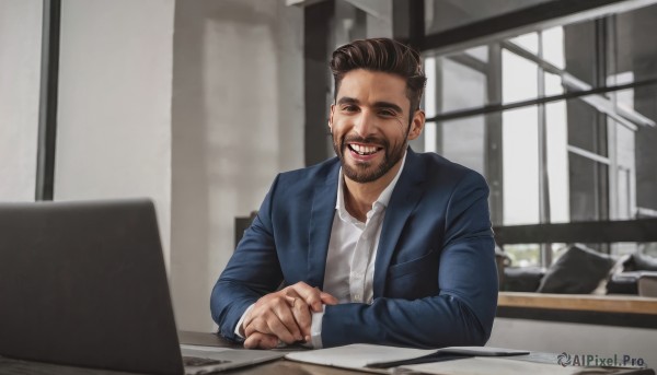 solo,looking at viewer,smile,short hair,brown hair,shirt,black hair,long sleeves,1boy,jacket,closed eyes,white shirt,upper body,male focus,open clothes,teeth,collared shirt,indoors,grin,blurry,open jacket,window,facial hair,blue jacket,beard,meme,realistic,mustache,computer,monitor,laptop,photo background,keyboard (computer),real life insert,open mouth,brown eyes,sitting,dress shirt,blurry background,parody,blazer