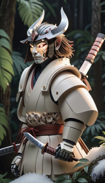 solo,brown hair,red eyes,1boy,holding,standing,weapon,male focus,outdoors,japanese clothes,horns,pointy ears,sword,holding weapon,armor,blurry,tree,blurry background,glowing,leaf,holding sword,katana,helmet,plant,shoulder armor,gauntlets,sheath,nature,glowing eyes,forest,sheathed,japanese armor,fake horns,scabbard,full armor,samurai,horned helmet,looking at viewer,furry