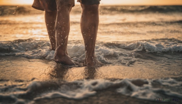 1girl, solo, skirt, pantyhose, boots, outdoors, sky, cloud, water, blurry, ocean, beach, sunset, sand, waves, lower body, shore, footprints