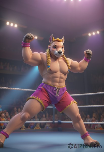 solo,long hair,smile,blue eyes,blonde hair,1boy,navel,animal ears,jewelry,nipples,full body,braid,male focus,thighs,shorts,solo focus,stomach,grin,twin braids,muscular,thick thighs,stuffed toy,abs,thick eyebrows,stuffed animal,pectorals,muscular male,wristband,dog ears,bara,furry,clenched hands,large pectorals,bulge,topless male,teddy bear,mature male,anklet,furry male,red shorts,bear ears,chest hair,biceps,navel hair,crowd,dolphin shorts,brown fur,wrestling outfit,flexing,wrestling ring,blush,brown hair,standing,facial hair,dancing,stage,leg hair,spotlight,purple shorts,stage lights