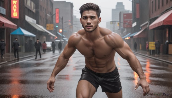 solo,looking at viewer,short hair,open mouth,black hair,1boy,navel,brown eyes,nipples,male focus,outdoors,multiple boys,shorts,teeth,solo focus,day,blurry,muscular,facial hair,black shorts,abs,pectorals,muscular male,building,bara,beard,large pectorals,walking,rain,topless male,running,city,realistic,road,chest hair,street,leg hair,arm hair,crosswalk,holding,thighs,sky,blurry background,umbrella,6+boys,car,undercut,people