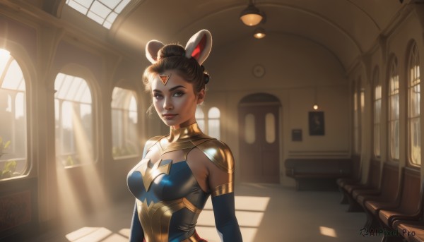 1girl,solo,breasts,looking at viewer,short hair,brown hair,black hair,animal ears,cleavage,brown eyes,jewelry,medium breasts,closed mouth,upper body,detached sleeves,day,elbow gloves,artist name,indoors,dark skin,hair bun,dark-skinned female,lips,clothing cutout,window,makeup,facial mark,cleavage cutout,sunlight,single hair bun,plant,light rays,mouse ears,nose,sunbeam,forehead jewel,hair ornament,earrings,armor,rabbit ears,backlighting,realistic,updo