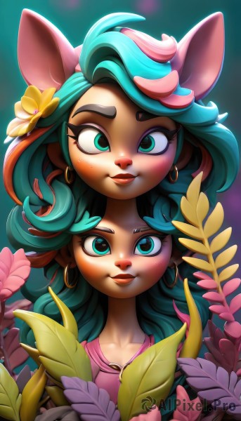 long hair,looking at viewer,blush,smile,multiple girls,shirt,hair ornament,2girls,animal ears,jewelry,closed mouth,green eyes,blue hair,collarbone,upper body,flower,red hair,multicolored hair,earrings,green hair,artist name,signature,hair flower,blurry,two-tone hair,aqua eyes,lips,eyelashes,aqua hair,makeup,blurry background,leaf,happy,horse ears,plant,lipstick,furry,pink flower,dual persona,eyeshadow,freckles,curly hair,pink shirt,hoop earrings,yellow flower,furry female,red lips,eyeliner,animal nose,mascara,blue eyeshadow,1girl,solo,blue eyes,dark skin