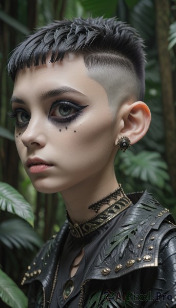 1girl,solo,looking at viewer,short hair,black hair,jewelry,closed mouth,jacket,upper body,grey hair,earrings,parted lips,choker,necklace,mole,blurry,black eyes,lips,grey eyes,eyelashes,makeup,blurry background,leaf,piercing,plant,portrait,nature,androgynous,eyeshadow,freckles,realistic,nose,eyeliner,very short hair,leather,undercut,leather jacket,mascara,green eyes,tattoo,watermark,facial mark,expressionless,web address,asymmetrical hair,facepaint,facial tattoo,neck tattoo