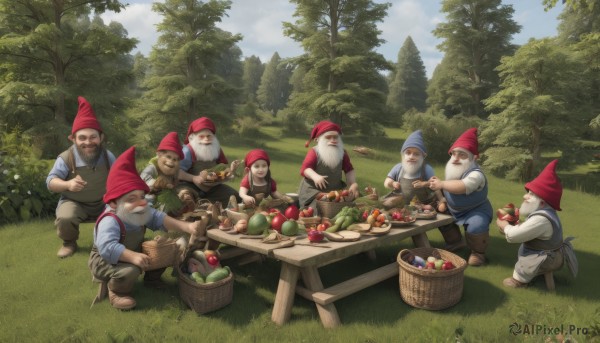 smile,shirt,hat,holding,sitting,standing,flower,male focus,outdoors,food,multiple boys,sky,day,pants,cloud,apron,tree,cup,blue sky,fruit,facial hair,brown footwear,eating,table,grass,holding food,knife,nature,red headwear,beard,forest,6+boys,mustache,apple,basket,mushroom,old,old man,vegetable,closed eyes,barefoot,squatting,blue shirt,scenery,bowl,bandana,cart