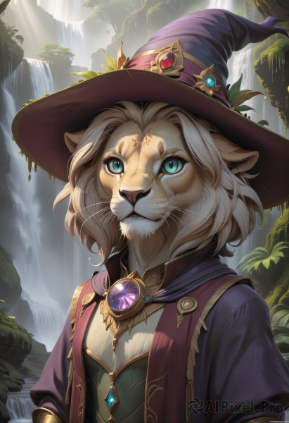 1girl,solo,short hair,blue eyes,blonde hair,hat,animal ears,jewelry,closed mouth,green eyes,jacket,upper body,white hair,short sleeves,male focus,outdoors,open clothes,water,aqua eyes,open jacket,tree,witch hat,animal,facial mark,sunlight,brooch,gem,furry,light rays,furry female,furry male,purple headwear,ears through headwear,waterfall,whiskers,breasts,looking at viewer,day,artist name,cat ears,plant,fantasy,witch