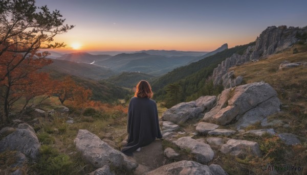 1girl,solo,long hair,brown hair,sitting,outdoors,sky,cloud,medium hair,from behind,cape,tree,bird,grass,nature,scenery,sunset,rock,mountain,sun,facing away,wide shot,evening,mountainous horizon,orange sky,short hair,signature,water,horizon,river,landscape,sunrise