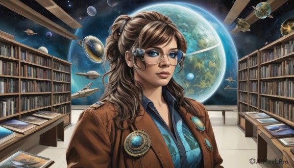 1girl,solo,long hair,looking at viewer,blue eyes,brown hair,shirt,hair ornament,jacket,upper body,parted lips,glasses,indoors,lips,book,blue shirt,star (sky),science fiction,brown jacket,nose,round eyewear,bookshelf,space,rimless eyewear,planet,library,earth (planet),spacecraft,globe,military,realistic