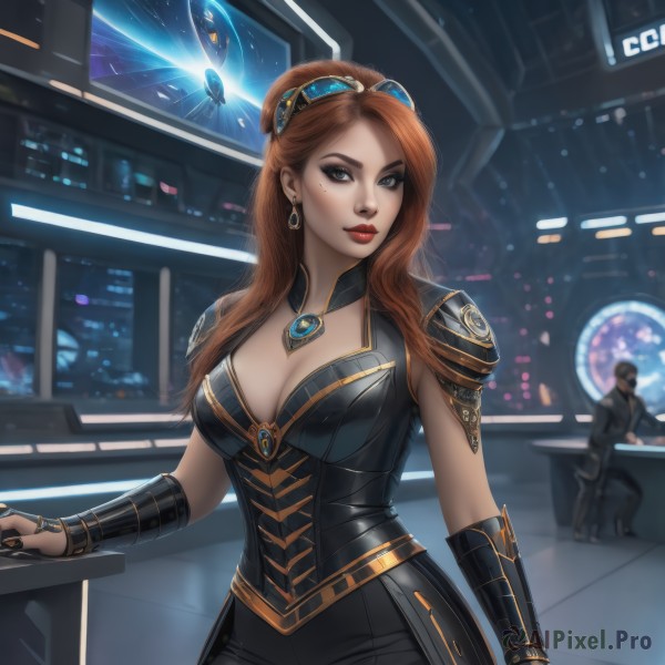 1girl,solo,long hair,breasts,looking at viewer,blue eyes,large breasts,brown hair,cleavage,jewelry,medium breasts,sitting,cowboy shot,earrings,solo focus,pants,indoors,necklace,armor,mole,lips,clothing cutout,mole under eye,makeup,black pants,cleavage cutout,lipstick,goggles,shoulder armor,gem,freckles,science fiction,goggles on head,realistic,nose,red lips,alien,spacecraft,gorget,holographic interface,hologram,1boy,standing,artist name,nail polish,grey eyes,watermark,table,black nails,web address,mole above mouth