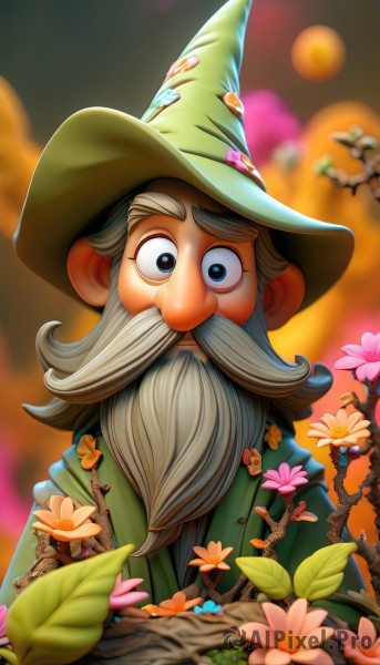 solo,looking at viewer,blue eyes,1boy,hat,upper body,flower,grey hair,male focus,blurry,witch hat,blurry background,facial hair,thick eyebrows,beard,pink flower,wide-eyed,green headwear,mustache,branch,old,wizard hat,wizard,long hair,white hair,outdoors,leaf,plant,old man