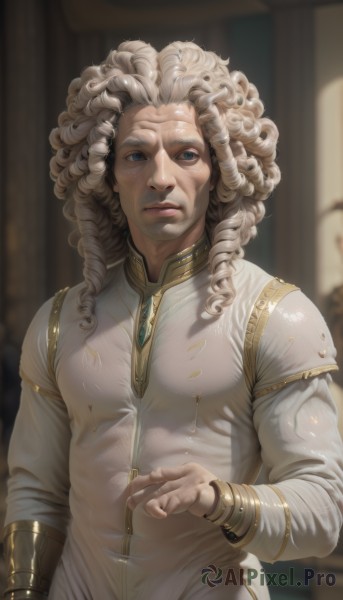 solo,long hair,looking at viewer,blue eyes,long sleeves,1boy,jewelry,closed mouth,upper body,white hair,grey hair,male focus,indoors,signature,blurry,lips,blurry background,drill hair,gem,curly hair,gold trim,realistic,nose,bracer,old,standing,artist name,watermark,scar,dreadlocks