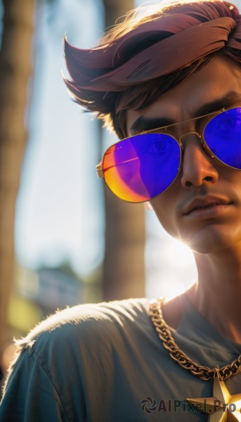 solo,looking at viewer,short hair,brown hair,shirt,1boy,jewelry,closed mouth,white shirt,upper body,male focus,outdoors,day,artist name,necklace,star (symbol),blurry,lips,depth of field,blurry background,facial hair,chain,sunglasses,portrait,backlighting,realistic,nose,tinted eyewear,chain necklace,gold chain,aviator sunglasses,1girl,blue eyes,piercing,thick eyebrows,ear piercing,beard,yellow-framed eyewear