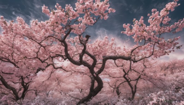 outdoors, sky, day, cloud, tree, blue sky, no humans, cloudy sky, cherry blossoms, scenery, branch