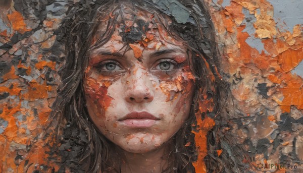 1girl,solo,long hair,looking at viewer,brown hair,black hair,closed mouth,lips,grey eyes,blood,leaf,portrait,blood on face,realistic,nose,bangs,blue eyes,eyelashes,heterochromia,freckles,autumn leaves,straight-on,autumn,orange theme