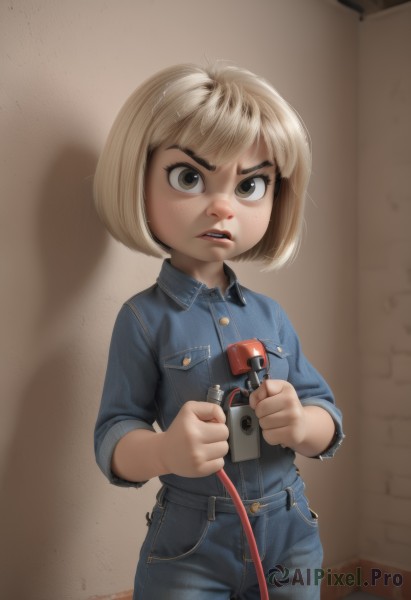 1girl,solo,looking at viewer,short hair,bangs,blonde hair,shirt,holding,brown eyes,standing,cowboy shot,parted lips,teeth,collared shirt,pants,indoors,lips,blood,buttons,thick eyebrows,blue shirt,denim,child,sleeves rolled up,freckles,pocket,jeans,female child,breast pocket,brick wall,denim jacket,open mouth,shadow,watermark,bob cut,robot,web address,nose,overalls,dirty,dirty face