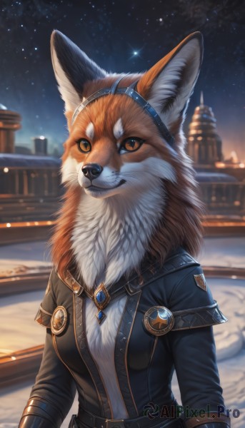 1girl,solo,breasts,looking at viewer,smile,long sleeves,animal ears,brown eyes,jewelry,jacket,upper body,outdoors,sky,belt,artist name,signature,necklace,blurry,black jacket,orange eyes,fox ears,no humans,night,blurry background,brooch,gem,star (sky),night sky,furry,snow,buckle,starry sky,snowing,furry female,winter,fluffy,orange fur,long hair,medium breasts,hairband,animal ear fluff,slit pupils,pendant