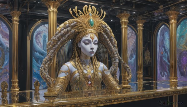 1girl,solo,long hair,breasts,looking at viewer,jewelry,sitting,closed mouth,closed eyes,upper body,indoors,necklace,lips,makeup,colored skin,crown,gem,armlet,blue skin,grey skin,pillar,gold,throne,statue,alien,black lips,bare shoulders,black eyes,tattoo,pale skin