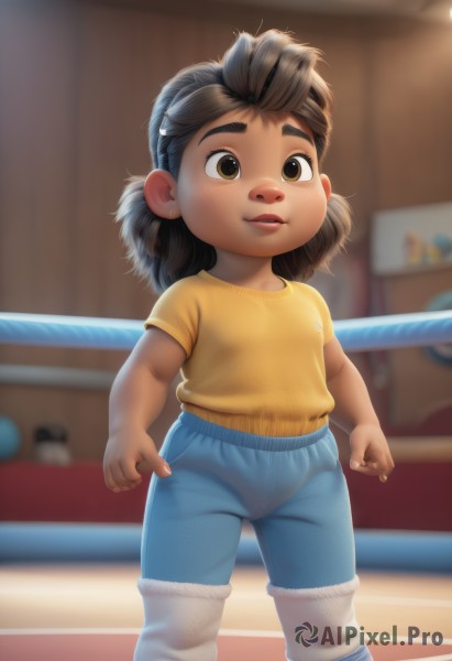 1girl,solo,smile,open mouth,brown hair,shirt,black hair,brown eyes,jewelry,standing,short sleeves,earrings,parted lips,shorts,pants,indoors,medium hair,blurry,lips,loli,blurry background,feet out of frame,t-shirt,child,freckles,yellow shirt,female child,stud earrings,short hair,twintails,depth of field,stuffed toy,denim,jeans