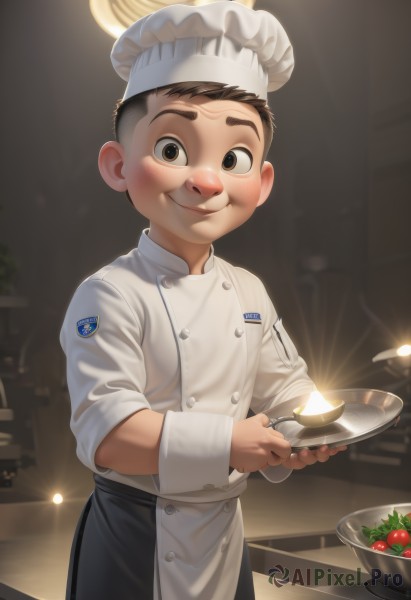 solo,looking at viewer,smile,short hair,brown hair,black hair,1boy,hat,holding,brown eyes,closed mouth,standing,male focus,food,indoors,black eyes,apron,buttons,white headwear,waist apron,plate,bowl,male child,tomato,chef hat,chef,blush,spoon