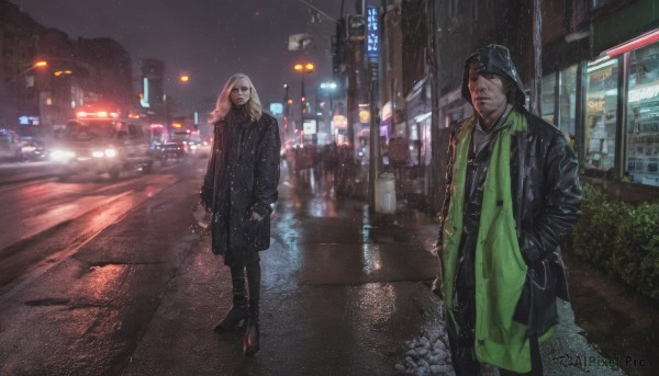 1girl,long hair,looking at viewer,brown hair,black hair,1boy,hat,jewelry,standing,jacket,boots,outdoors,pants,scarf,black footwear,coat,black jacket,night,facial hair,black pants,ground vehicle,building,motor vehicle,walking,rain,city,hands in pockets,car,road,lamppost,street,city lights,blonde hair,long sleeves,closed mouth,open clothes,sky,hood,necklace,blurry,high heels,night sky,scenery,beard,hood up,black coat,cityscape