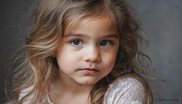 1girl,solo,long hair,looking at viewer,blonde hair,brown hair,shirt,brown eyes,closed mouth,lips,eyelashes,expressionless,messy hair,portrait,close-up,realistic,nose,blood