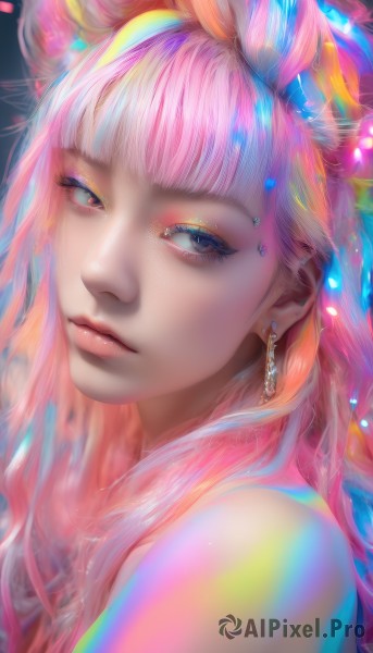 1girl,solo,long hair,looking at viewer,bangs,bare shoulders,jewelry,closed mouth,upper body,pink hair,multicolored hair,earrings,blunt bangs,black eyes,lips,eyelashes,makeup,piercing,portrait,eyeshadow,realistic,nose,eyeliner,colorful,mascara,rainbow hair,blue eyes,artist name,grey eyes,gem