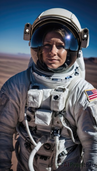 solo,looking at viewer,smile,blue eyes,1boy,upper body,male focus,outdoors,sky,day,blurry,blue sky,blurry background,scar,helmet,science fiction,realistic,american flag,spacesuit,desert,japanese flag,pilot,astronaut,closed mouth,lips,reflection,space,space helmet,united states,american flag print