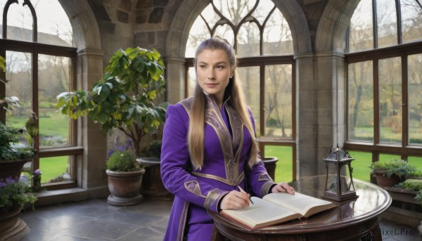 1girl,solo,long hair,looking at viewer,smile,long sleeves,brown eyes,jewelry,sitting,standing,flower,grey hair,earrings,day,pants,indoors,tree,lips,coat,book,window,chair,table,plant,open book,realistic,potted plant,vase,purple coat,dress,purple eyes,leaf,scenery,purple dress,lantern