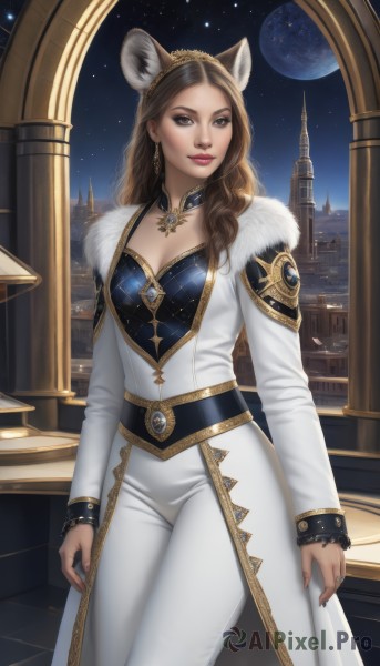 1girl,solo,long hair,breasts,looking at viewer,smile,brown hair,long sleeves,dress,animal ears,cleavage,brown eyes,jewelry,medium breasts,standing,cowboy shot,earrings,parted lips,sky,choker,belt,pants,artist name,necklace,lips,coat,fur trim,makeup,night,watermark,moon,ring,tiara,building,gem,star (sky),night sky,starry sky,gold trim,white pants,fantasy,arms at sides,white coat,planet,pillar,hairband,nail polish,fake animal ears,realistic,castle