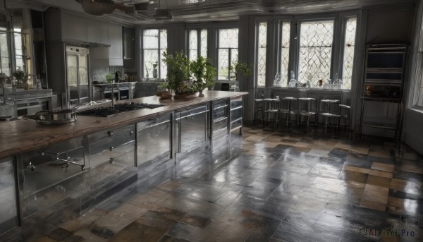 day,indoors,tree,book,no humans,window,chair,table,sunlight,plant,curtains,scenery,snow,desk,reflection,wooden floor,door,potted plant,lamp,shelf,bare tree,flower pot,sink,candlestand,reflective floor,tiles,tile floor,kitchen,cabinet