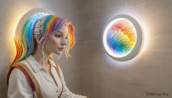 1girl,solo,long hair,smile,blue eyes,blonde hair,shirt,blue hair,white shirt,upper body,purple hair,multicolored hair,collared shirt,lips,dress shirt,suspenders,personification,realistic,nose,wall,brick wall,rainbow gradient,rainbow hair,ponytail,pink hair,window,makeup