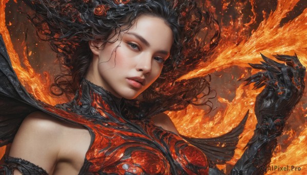 1girl,solo,long hair,breasts,looking at viewer,black hair,hair ornament,bare shoulders,upper body,flower,parted lips,wings,hand up,hair flower,armor,black eyes,lips,grey eyes,floating hair,fire,gauntlets,realistic,nose,fantasy,short hair,blue eyes,cape,portrait,claws