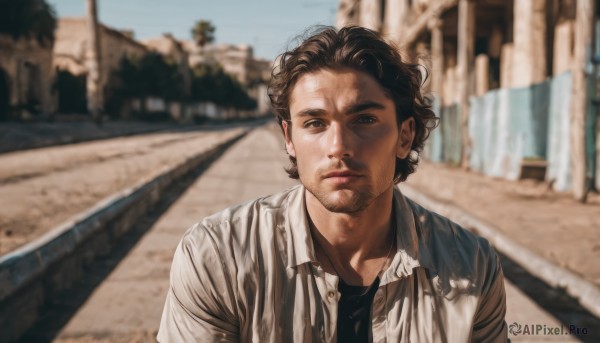 solo,looking at viewer,short hair,brown hair,shirt,black hair,1boy,brown eyes,closed mouth,jacket,white shirt,upper body,male focus,outdoors,day,collared shirt,blurry,black eyes,black shirt,depth of field,blurry background,facial hair,realistic,stubble,road,photo background,open clothes,sky,lips,open shirt,dress shirt,undershirt