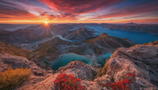 A peaceful sunset outdoors with a landscape