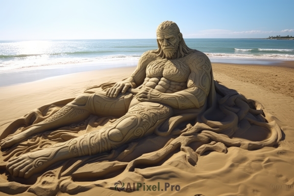 solo,looking at viewer,1boy,nipples,full body,male focus,outdoors,lying,sky,day,artist name,water,blue sky,tattoo,muscular,colored skin,facial hair,ocean,beach,abs,pectorals,muscular male,bara,beard,topless male,mature male,sand,old,chest hair,old man,chest tattoo,statue,fine art parody,nude,barefoot,twitter username,on side,parody,military vehicle,watercraft,ship,desert,warship,full-body tattoo